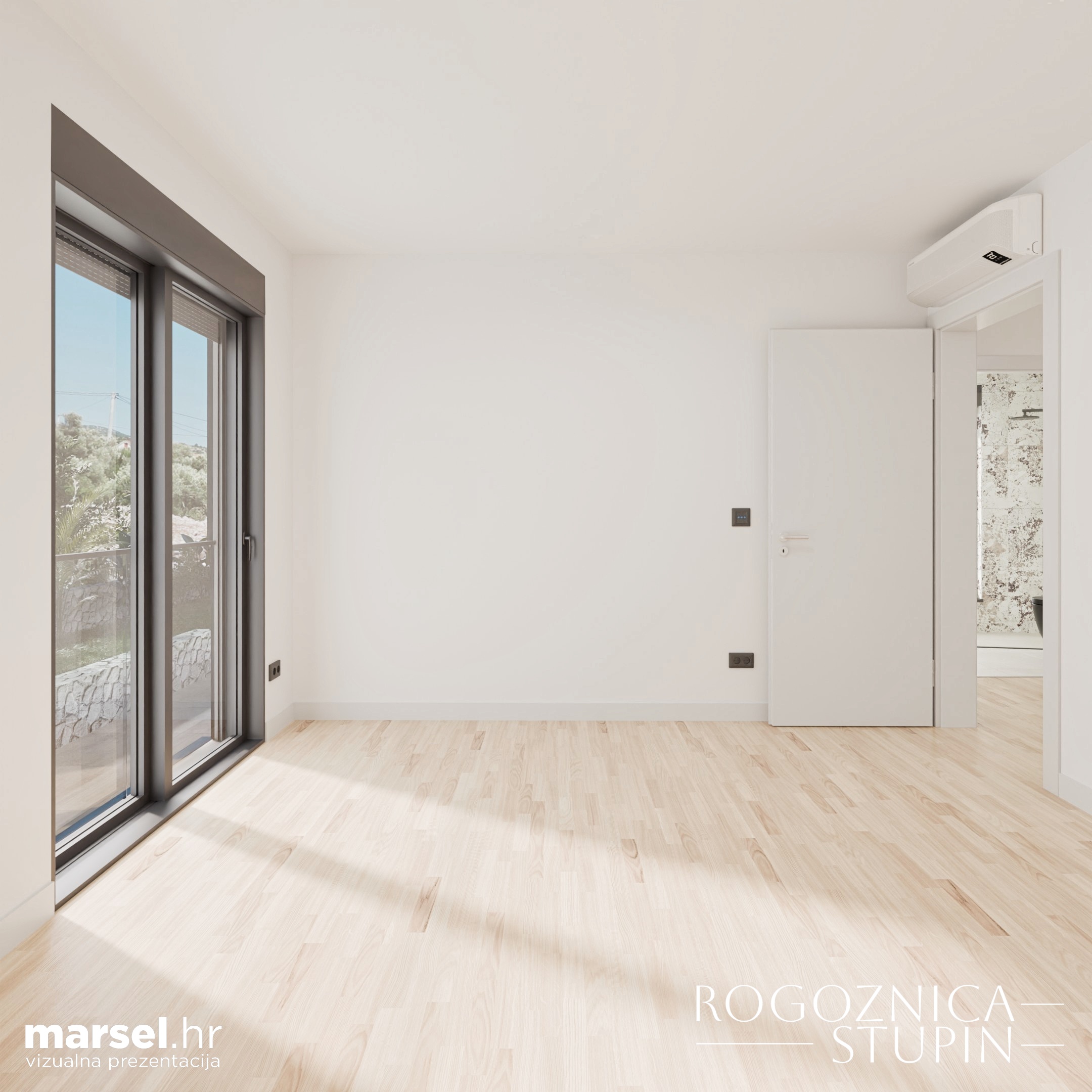 Vizualizacija interijera apartmana u novogradnji Rogoznica Stupin. Prostrani i svijetli unutarnji prostori s pogledom na more, idealni za stanovanje ili investiranje u apartman na dalmatinskoj obali.